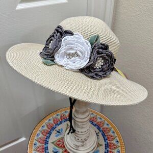 Women's Tweed Sun Hat Embellished With Satin Flowers & Pearls Special Event NEW